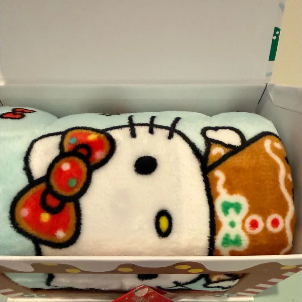 Festive Hello Kitty Plush Throw in Gingerbread House- NIB